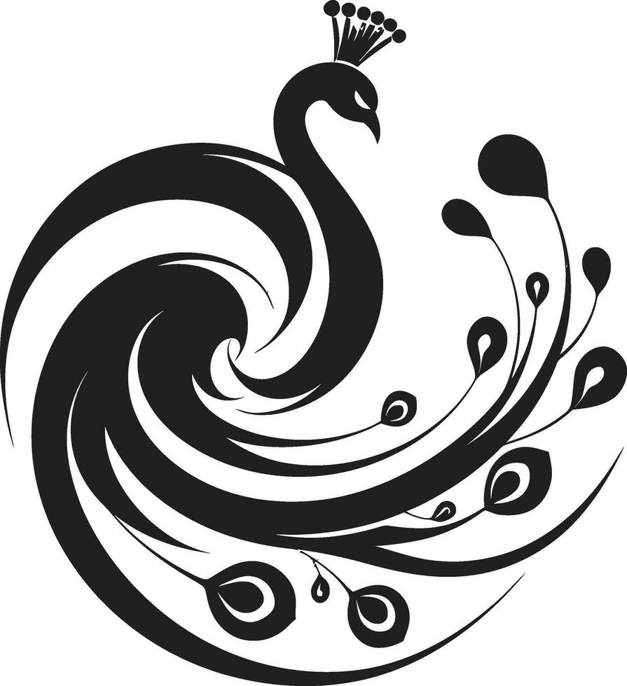 Feline Elegance Peacock Emblem in Vector Ebon Reverie Black Peacock Icon Design