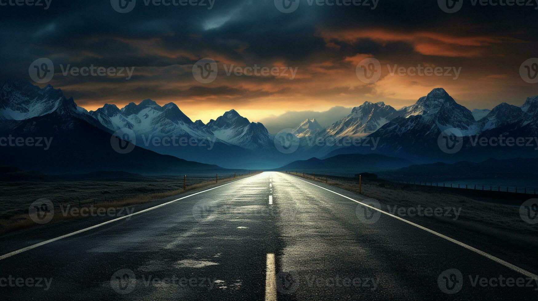 Road through the scenic landscape to the destination, A long straight road path journey towards mountains. AI Generative photo
