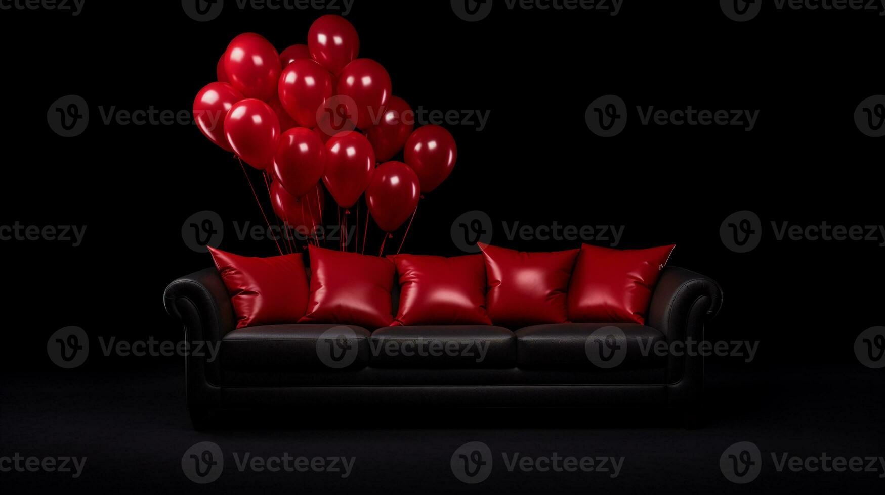 Dark interior with red balloons and a sofa. Birthday party. AI Generative photo