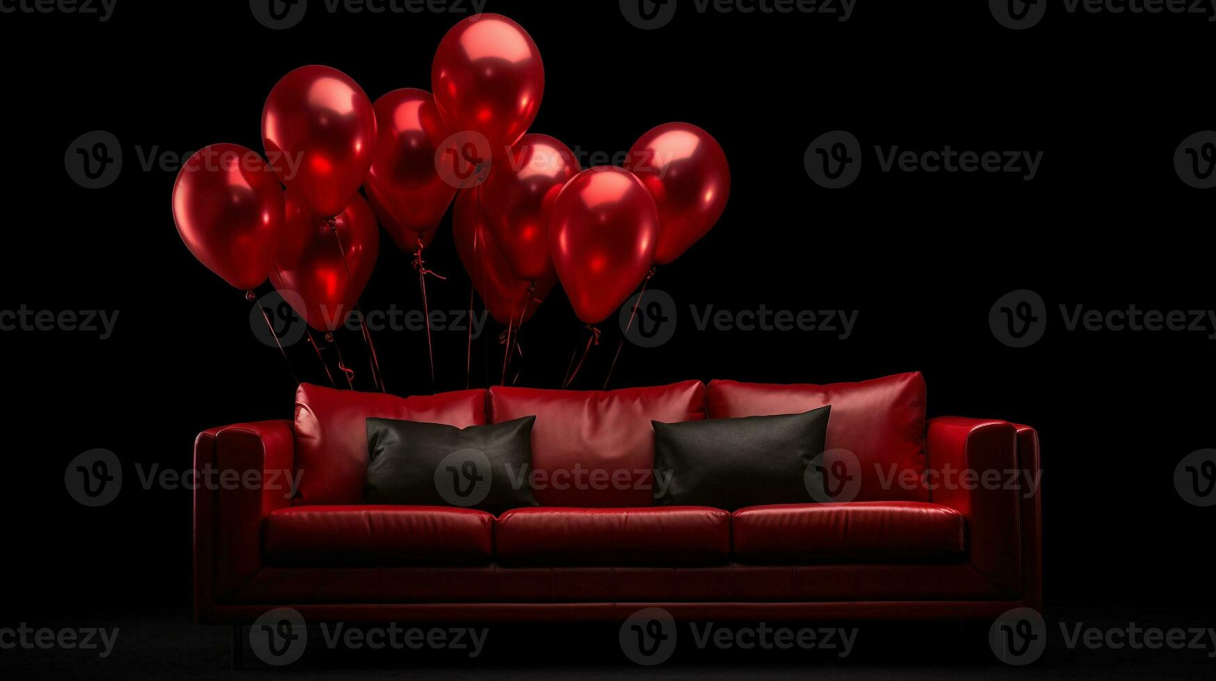 Dark interior with red balloons and a sofa. Birthday party. AI Generative photo