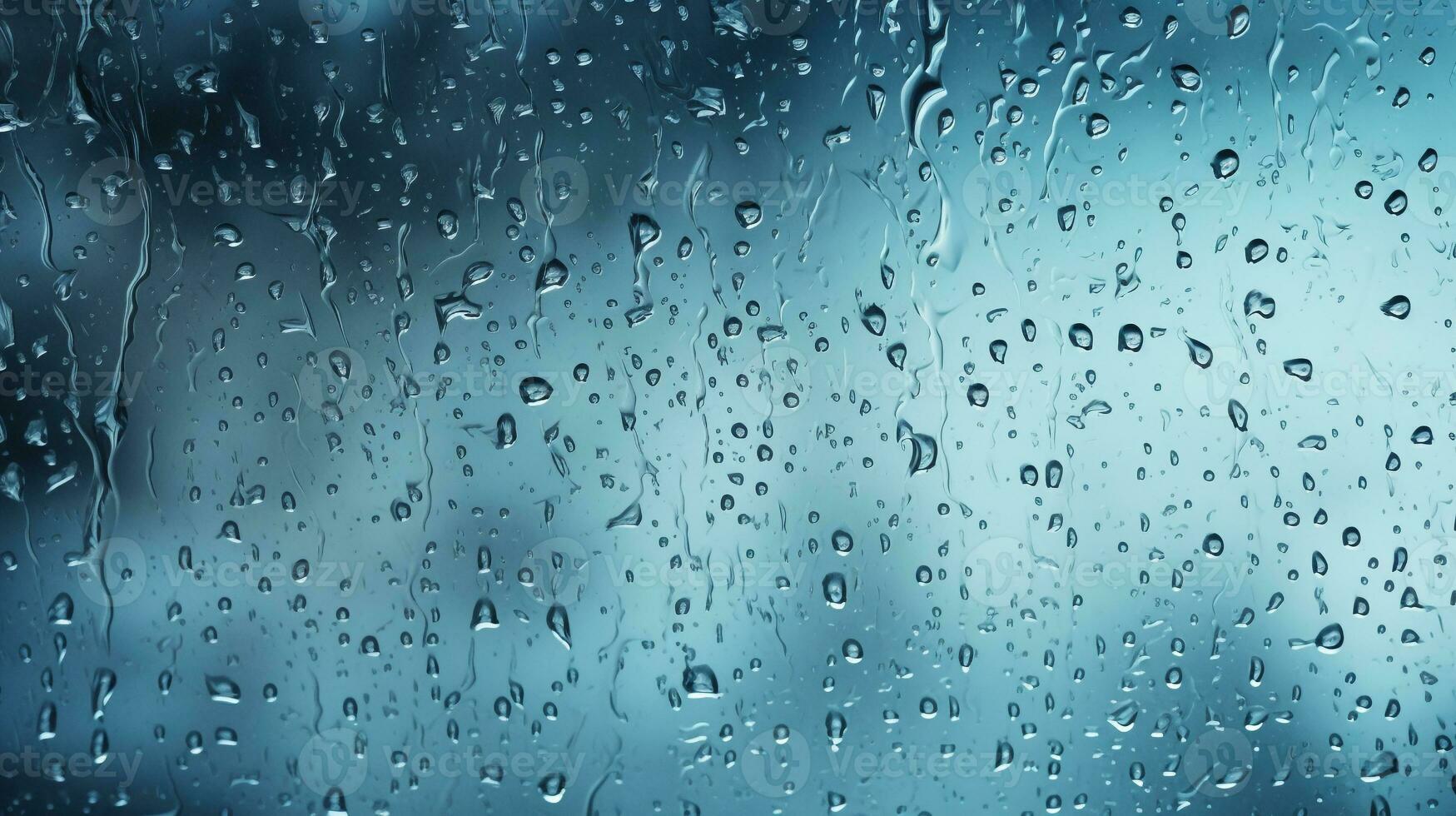 Raindrops on window glasses surface with the gray sky background. AI Generative photo