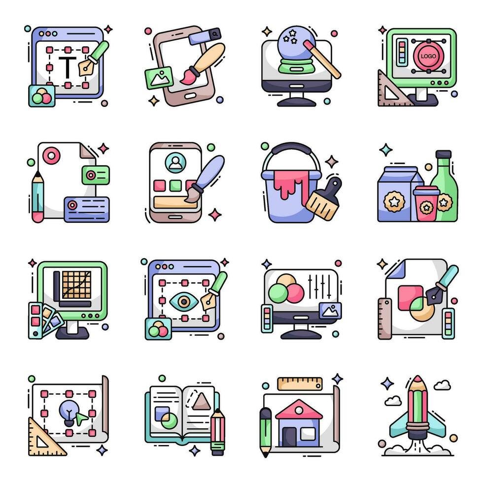 paquete de iconos planos de equipos de diseño vector