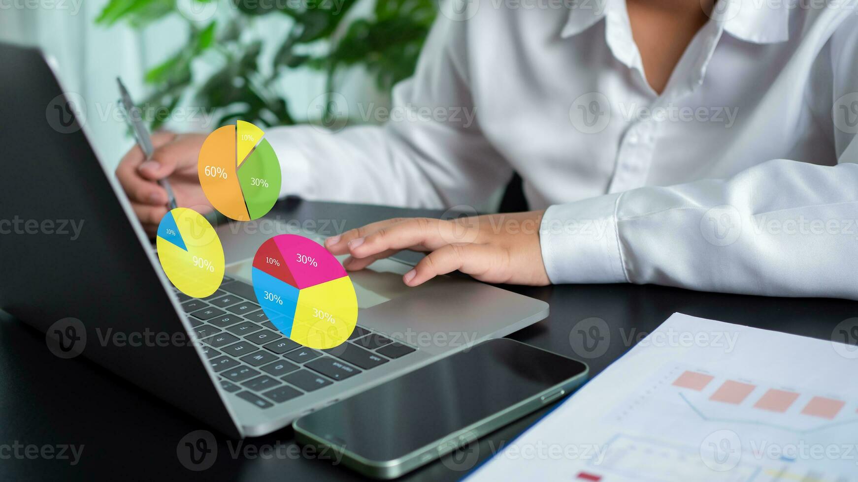 Businesswoman use computers to analyze business and manage corporate data and analyze business with charts and indicators to improve organizational performance. photo