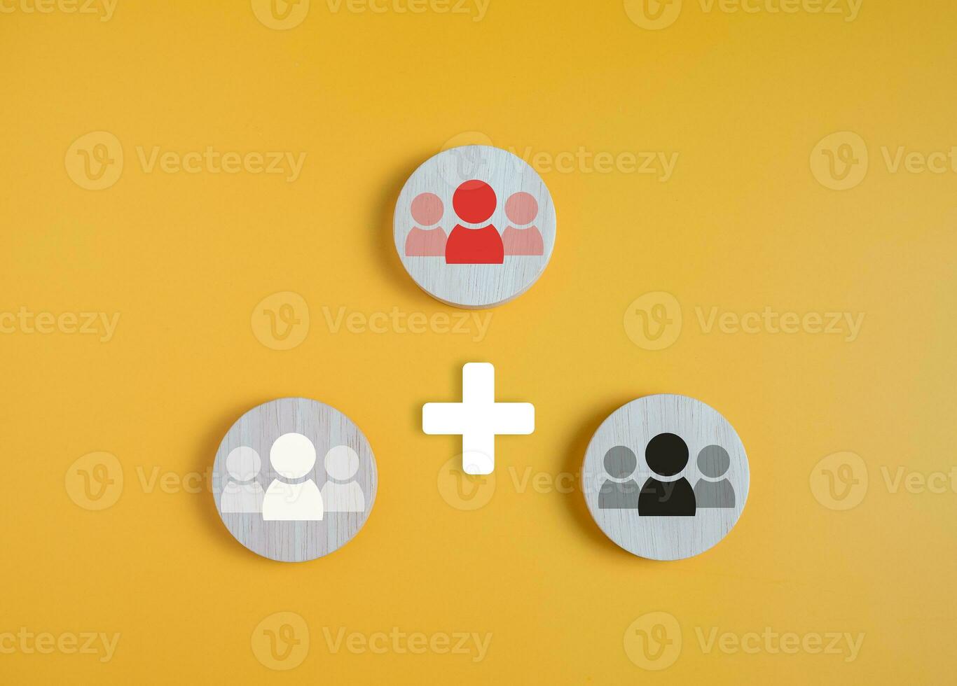 Circle board with employee icons on a yellow background shows the concept of human resource management and teamwork and coordination. photo