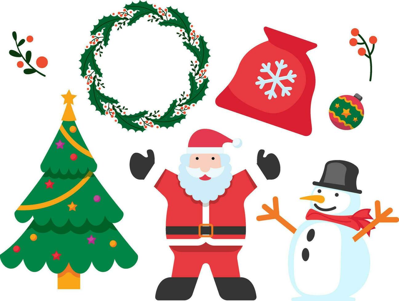 Party Santa Claus and Snowman with tree and wreath on Christmas decoration icon illustration vector