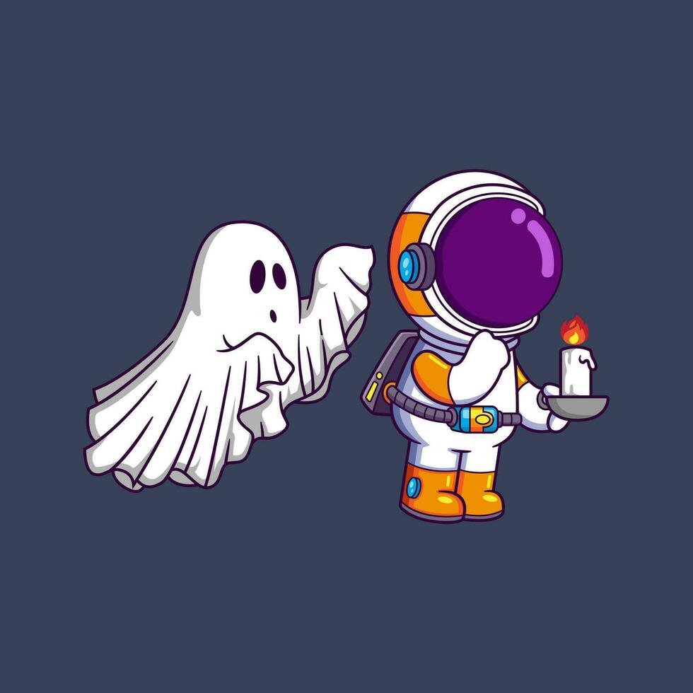 Cute Astronaut holding candle searching ghost Cartoon character vector