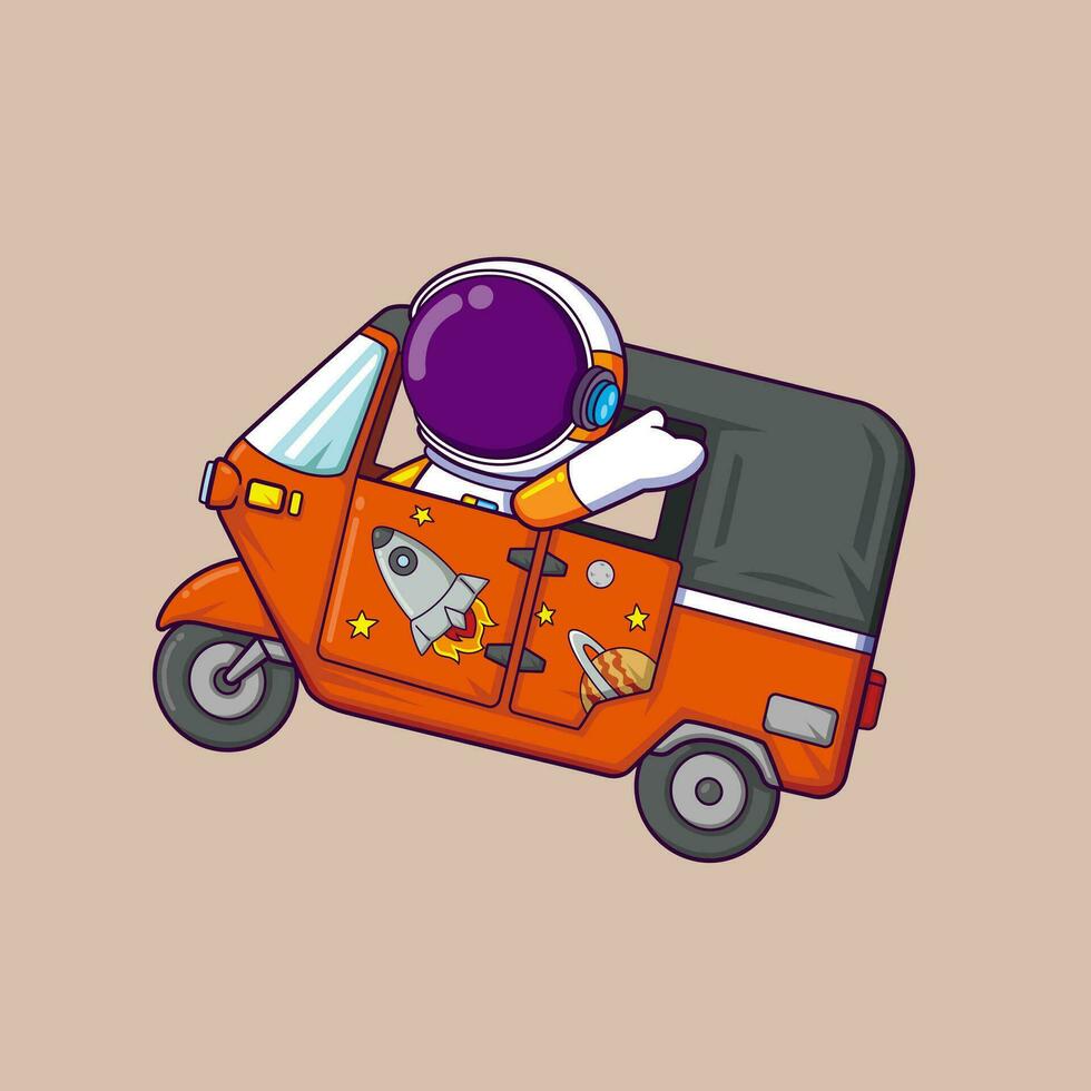 astronaut cartoon character driving traditional transportation vector