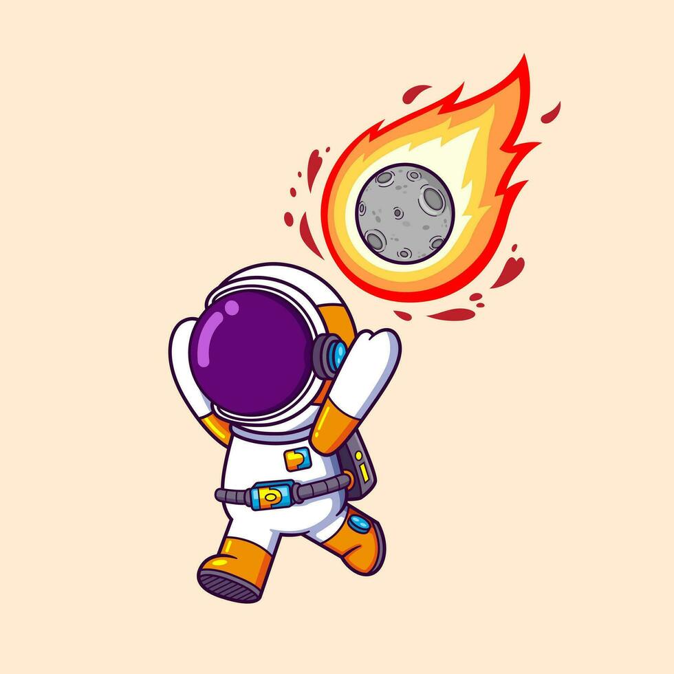 Cute Astronaut running from moon ball fire Cartoon character vector