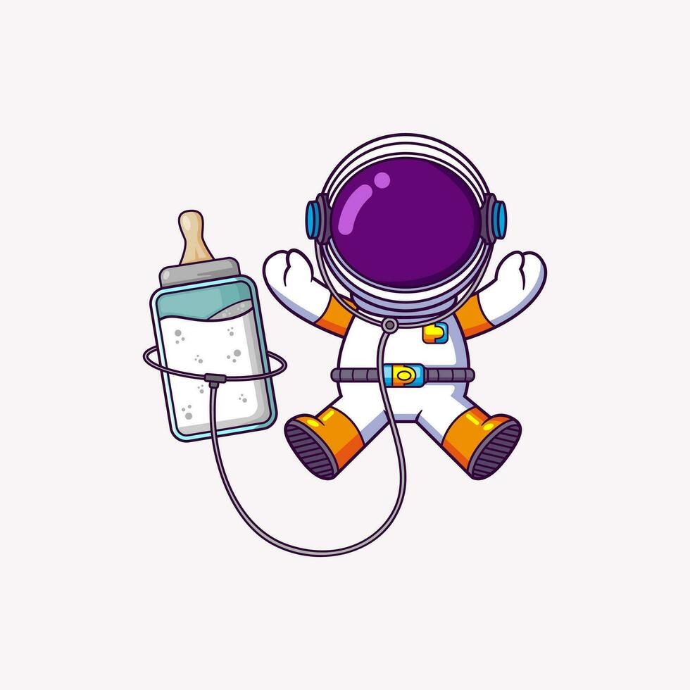 linda astronauta volador con bebé botella leche. Ciencias tecnología icono concepto vector