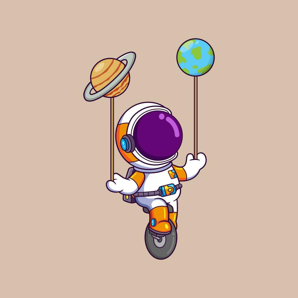 Cute Astronaut With Unicycle Bike And Planets Cartoon character vector