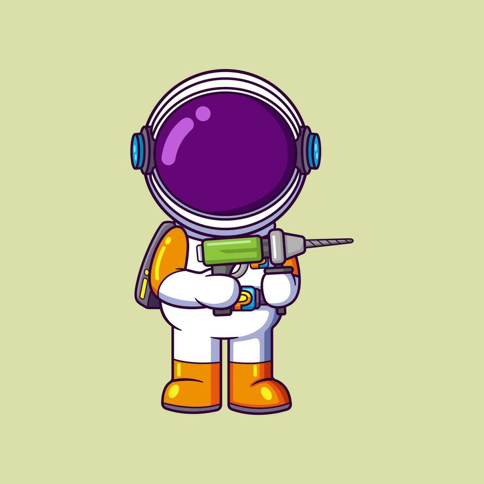 cute astronaut carrying hand drill machine. Science Technology Icon Concept vector