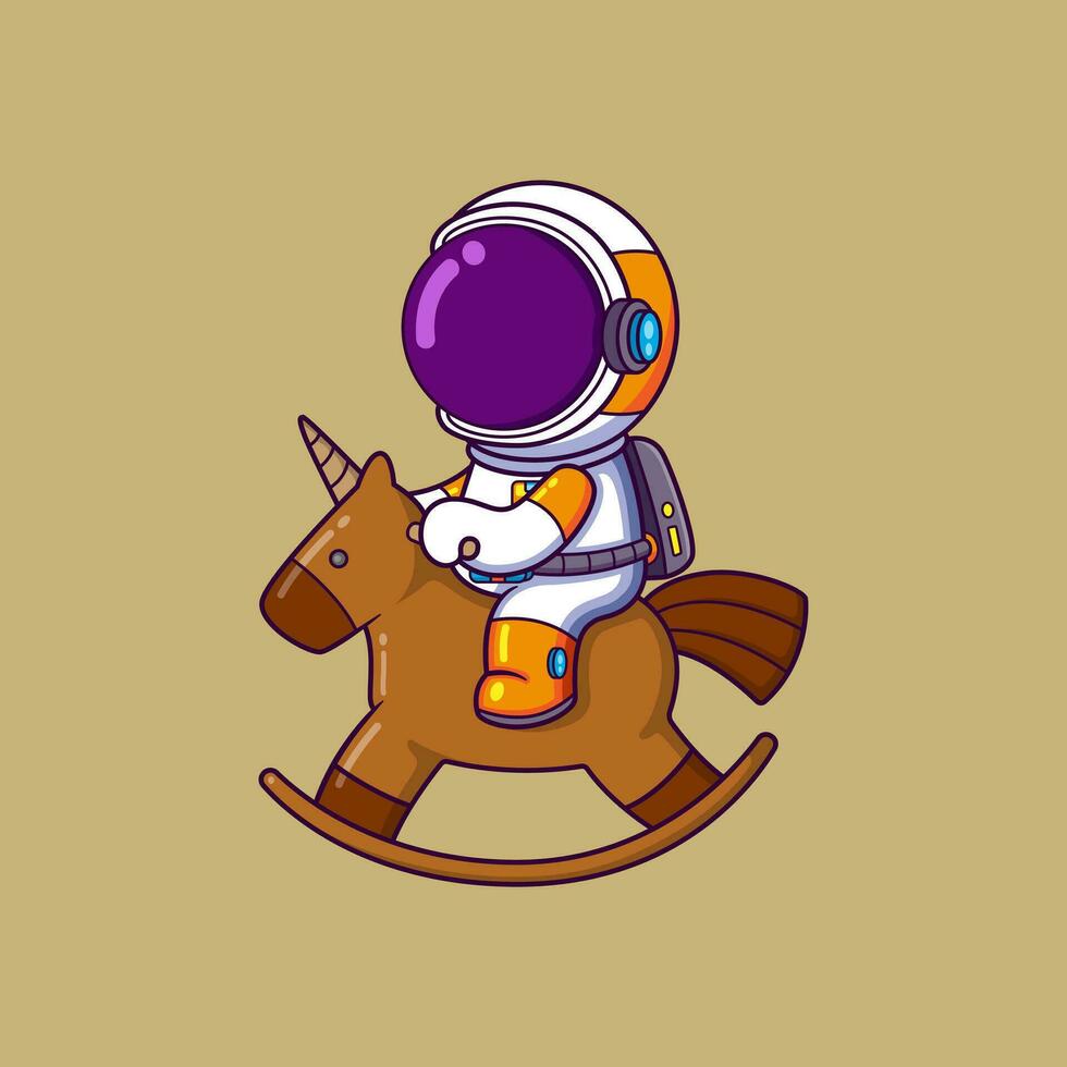 Cute Astronaut riding wooden horse Cartoon character vector