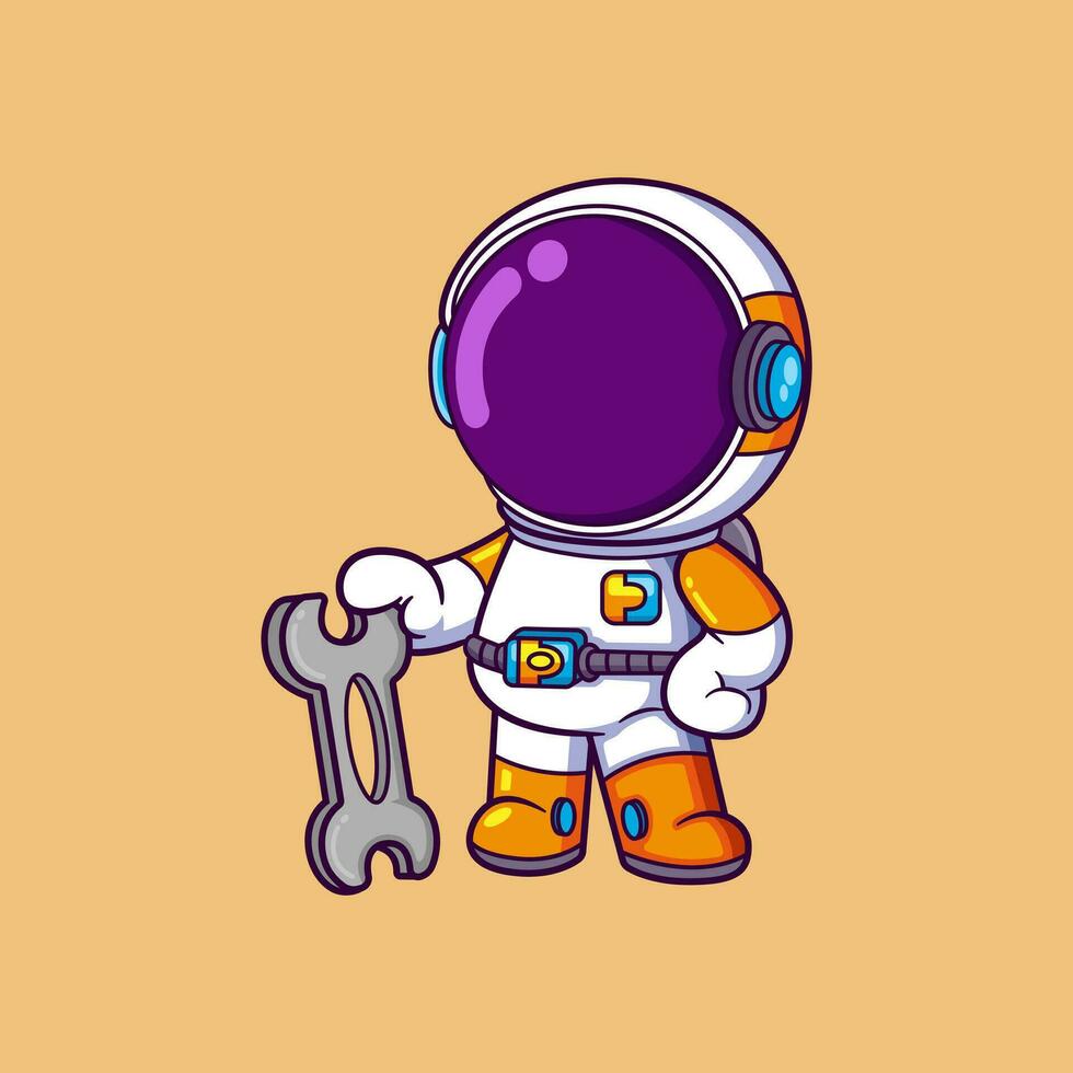 Cute Astronaut cartoon character holding spanner wrench vector