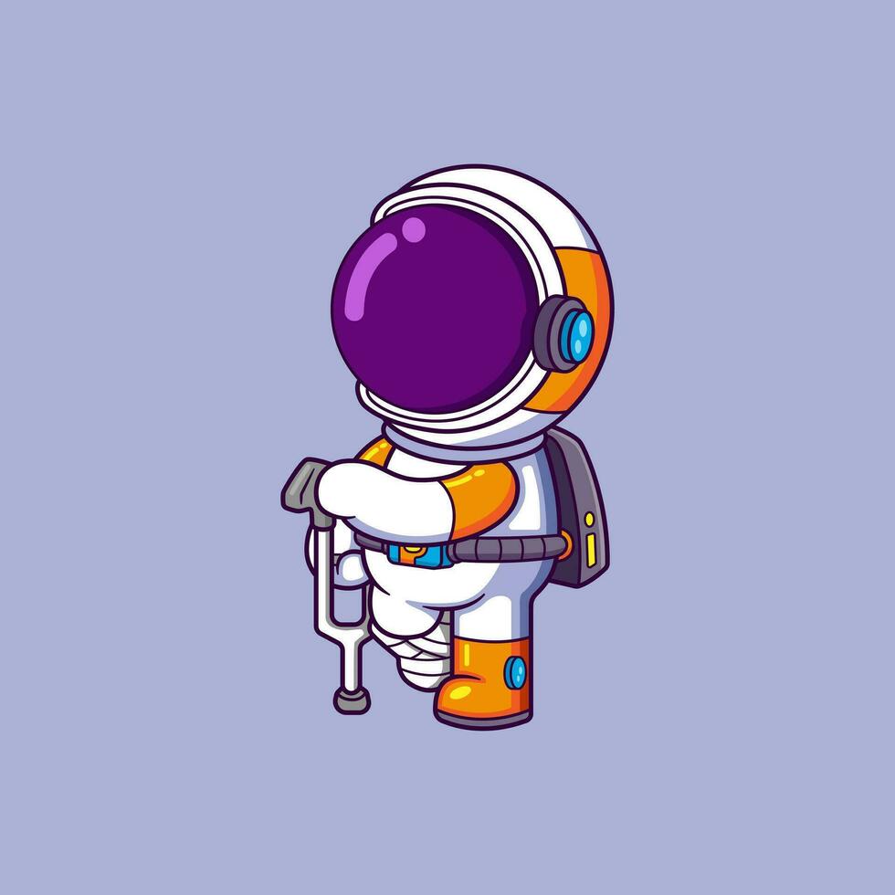 linda astronauta enfermo utilizando muleta caminando palo dibujos animados personaje vector