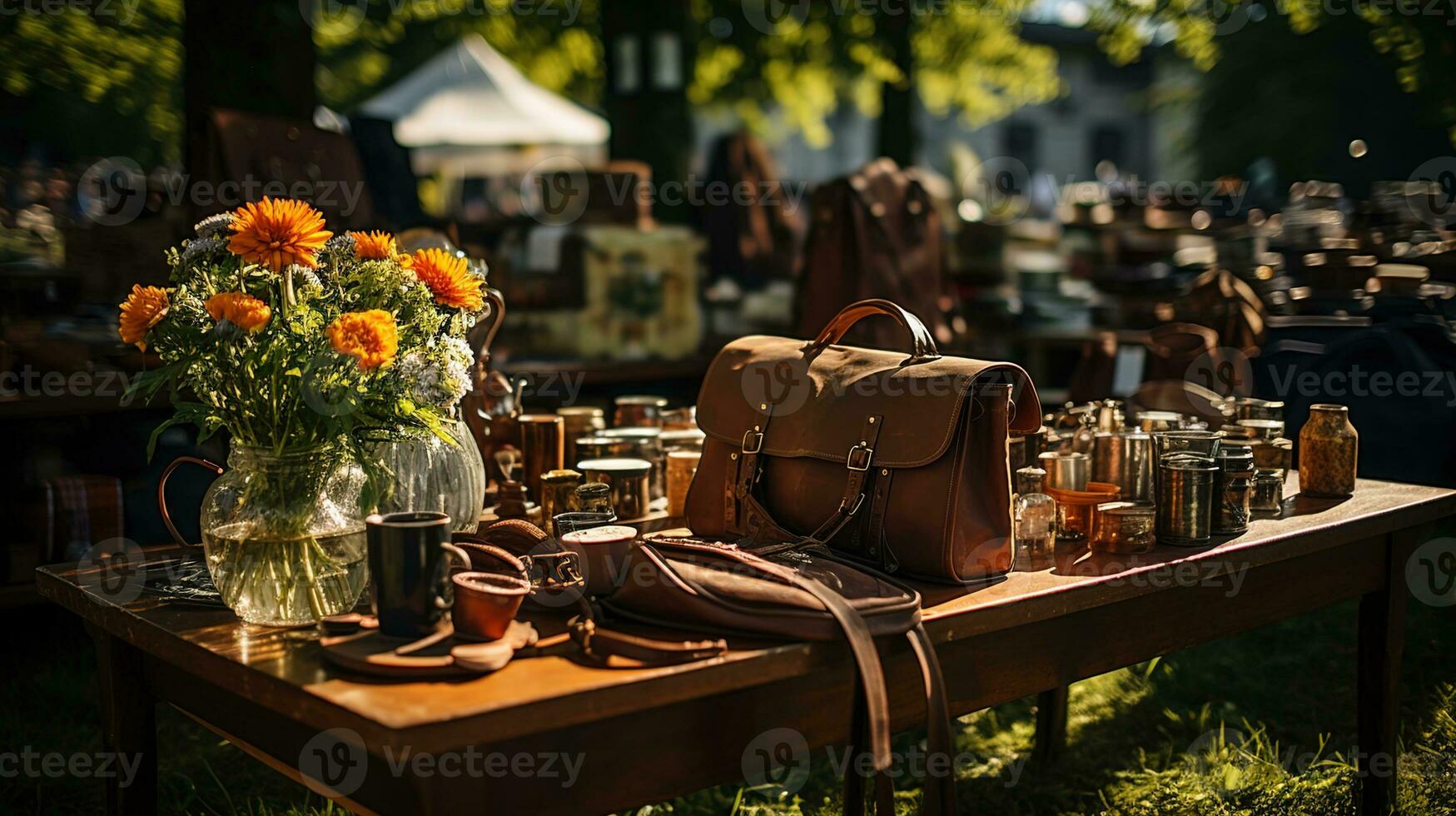 Garage Sale, Vintage and Used Goods on Display at an Afternoon Flea Market on the Greensward - A Treasure Hunt for Antique and Retro Collectibles, Ai generative photo
