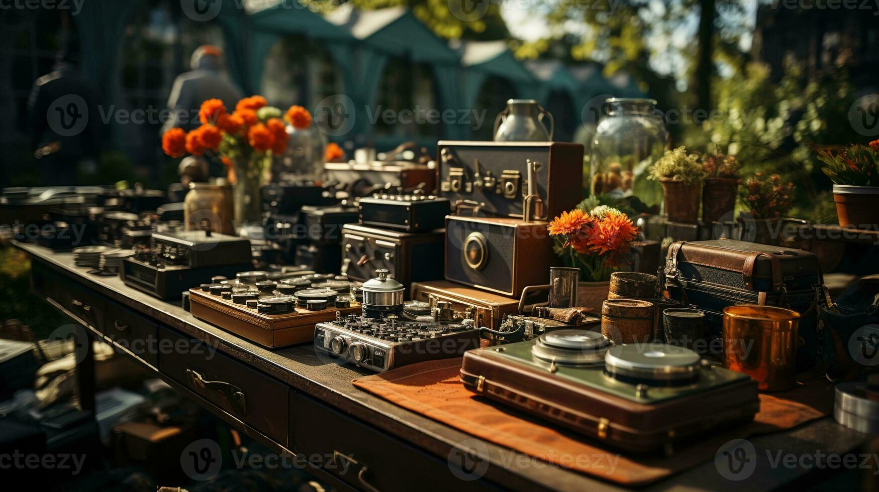 Garage Sale, Vintage and Used Goods on Display at an Afternoon Flea Market on the Greensward - A Treasure Hunt for Antique and Retro Collectibles, Ai generative photo