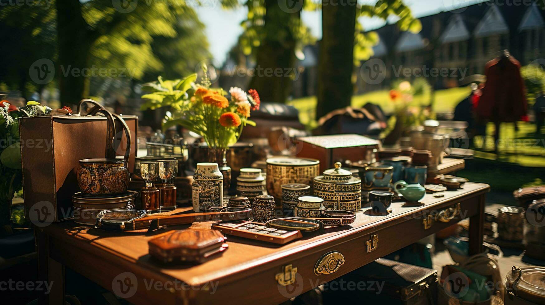 garaje venta, Clásico y usado bienes en monitor a un tarde pulga mercado en el palo verde - un tesoro cazar para antiguo y retro coleccionables, ai generativo foto