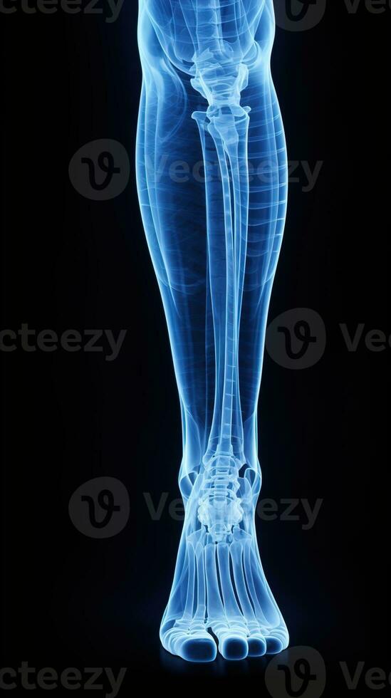 X-ray of legs of a male human, blue tone radiograph on a black background, Ai generative photo