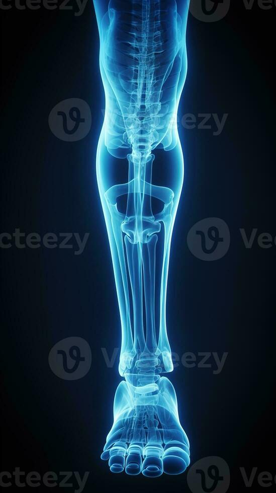 X-ray of legs of a male human, blue tone radiograph on a black background, Ai generative photo