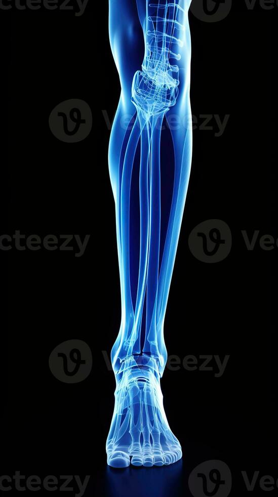 X-ray of legs of a male human, blue tone radiograph on a black background, Ai generative photo
