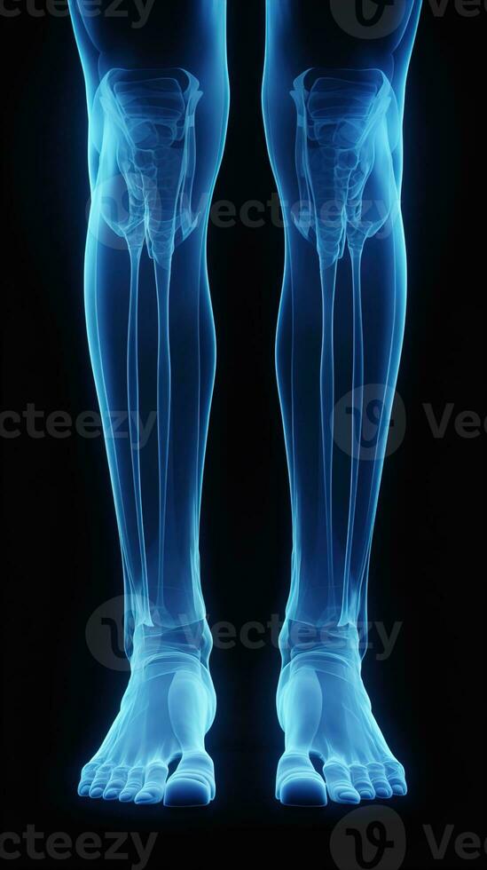 X-ray of legs of a male human, blue tone radiograph on a black background, Ai generative photo