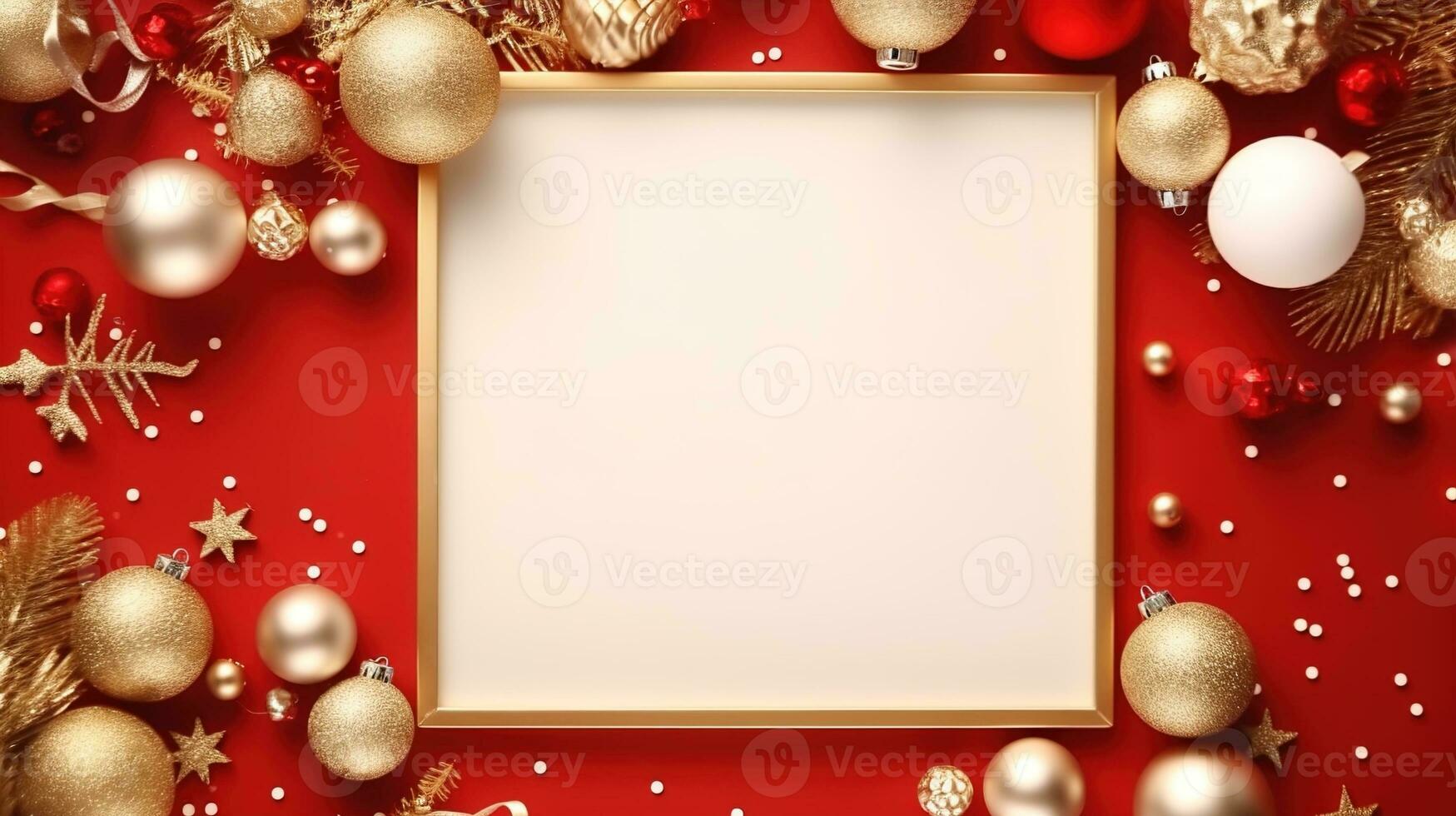 Festive Holiday Delight, Gold and White Christmas Flat Lay Frame with Copy Space, Adorned with Presents, Pine Cones, and Christmas Ornaments, Christmas Background, Ai generative photo