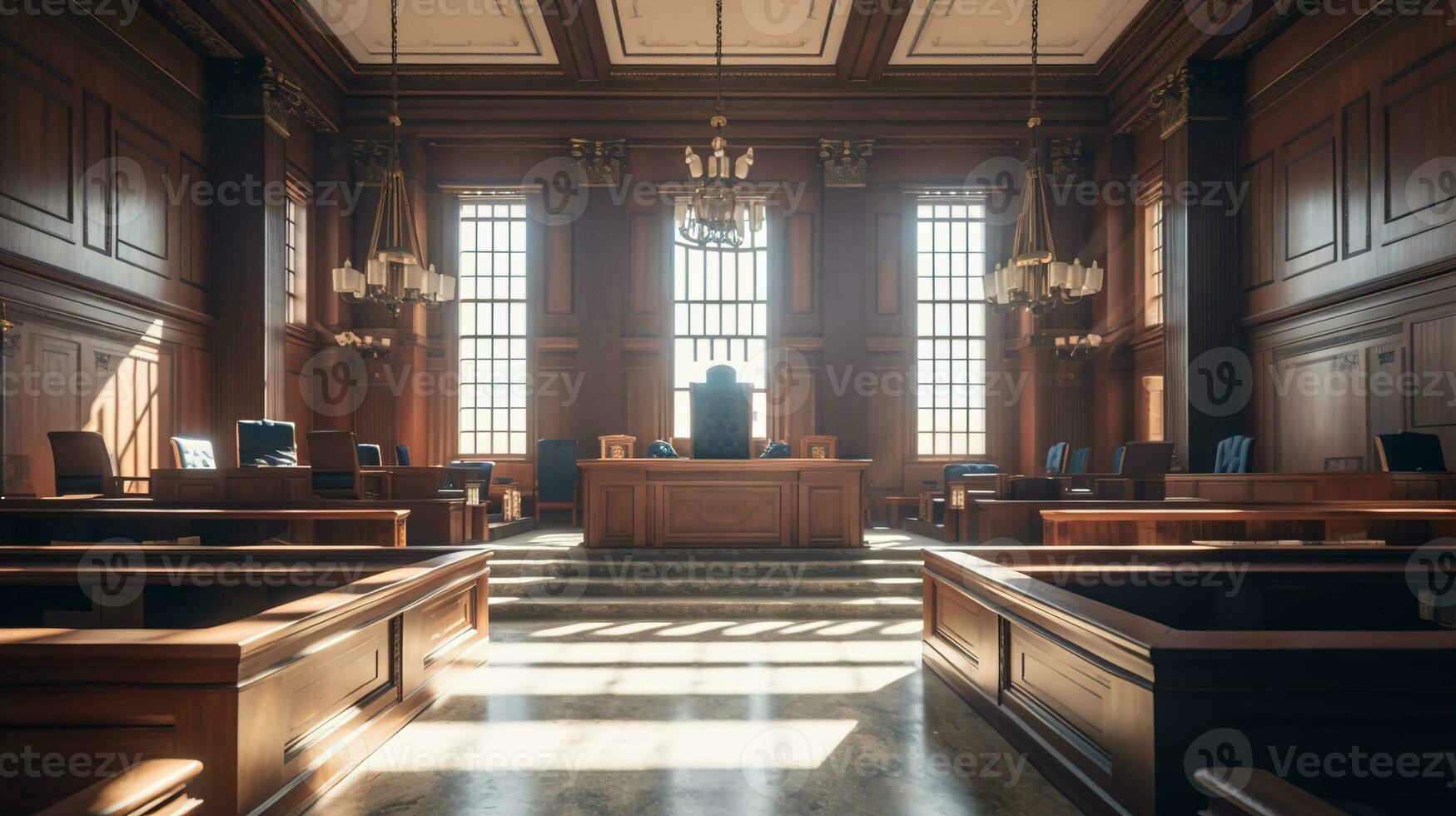 The Essence of Law and Justice, An Empty Courthouse Room Interior Illuminated by Afternoon Light, A Powerful Symbol of Legal Principles and Equality, Ai generative photo