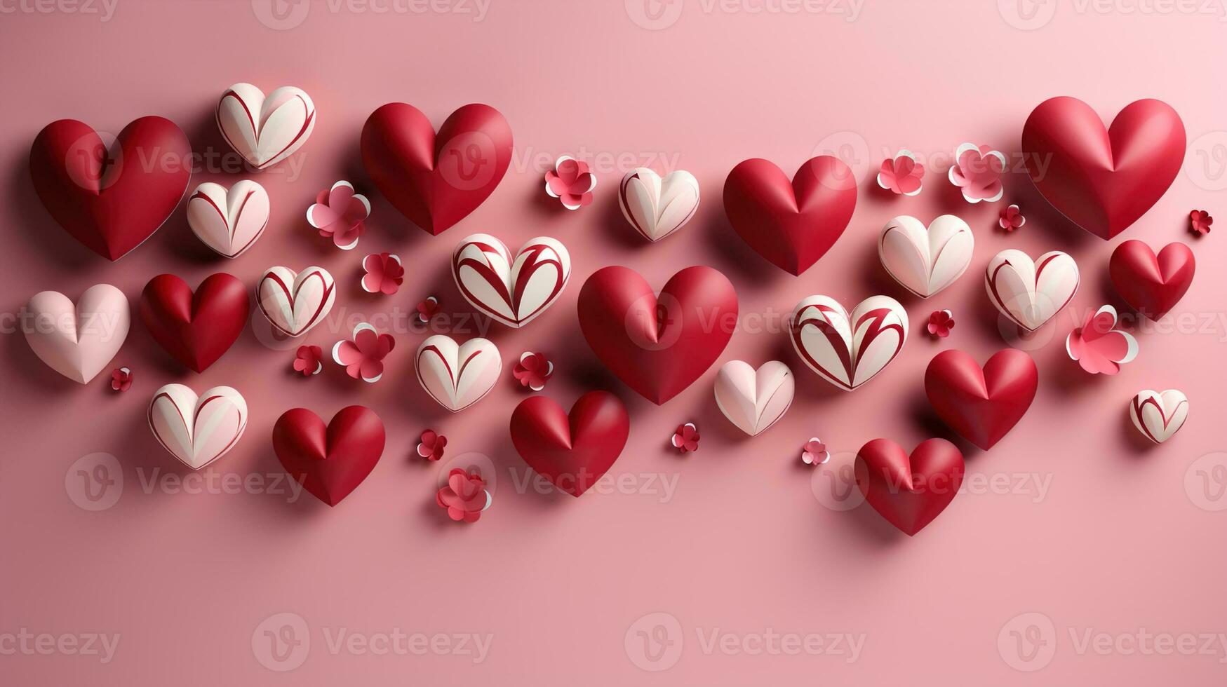 Red Hearts, 3D Paper Art Style, Pink Background, With Copy Space, Valentine Background, Paper Cut Background, Ai generative photo