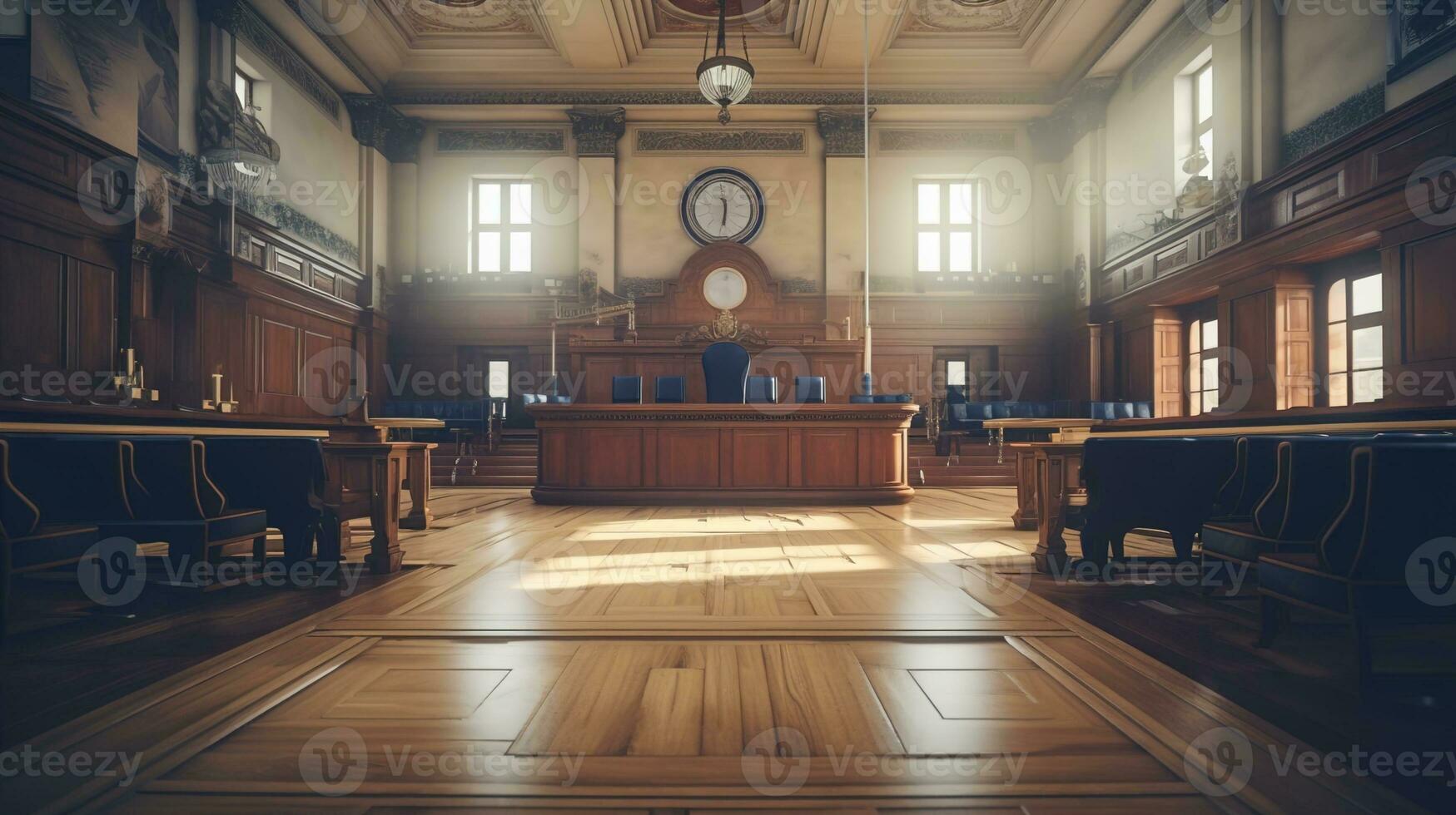 The Essence of Law and Justice, An Empty Courthouse Room Interior Illuminated by Afternoon Light, A Powerful Symbol of Legal Principles and Equality, Ai generative photo