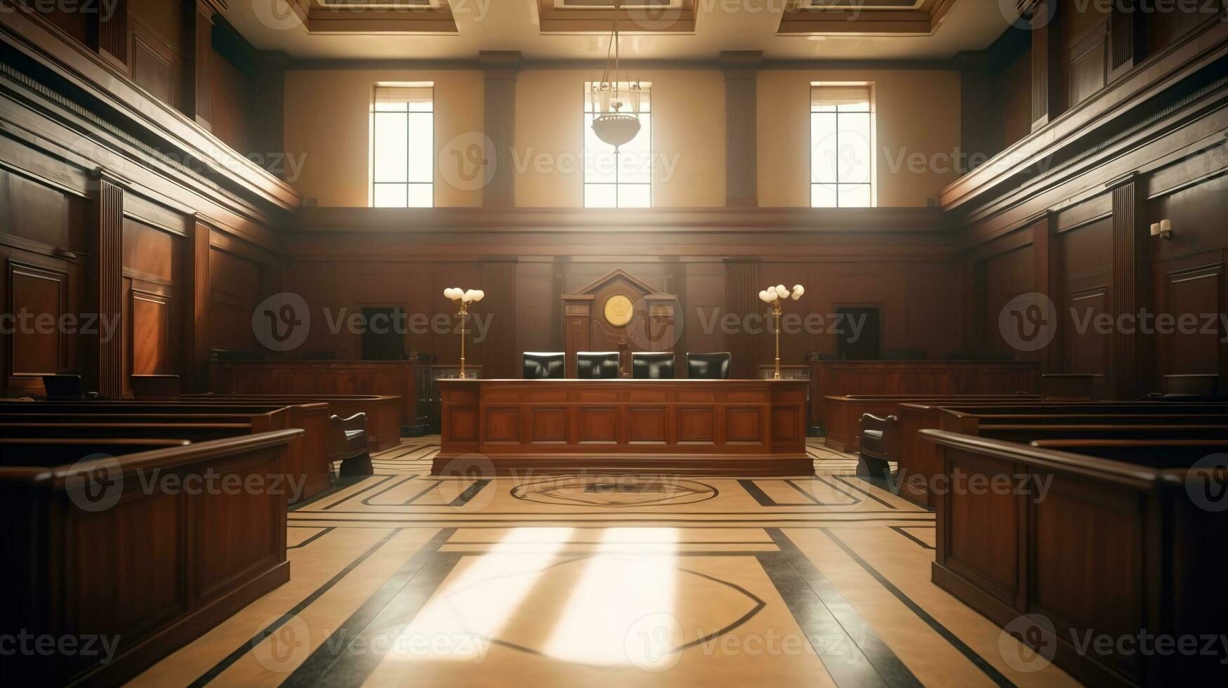 The Essence of Law and Justice, An Empty Courthouse Room Interior Illuminated by Afternoon Light, A Powerful Symbol of Legal Principles and Equality, Ai generative photo