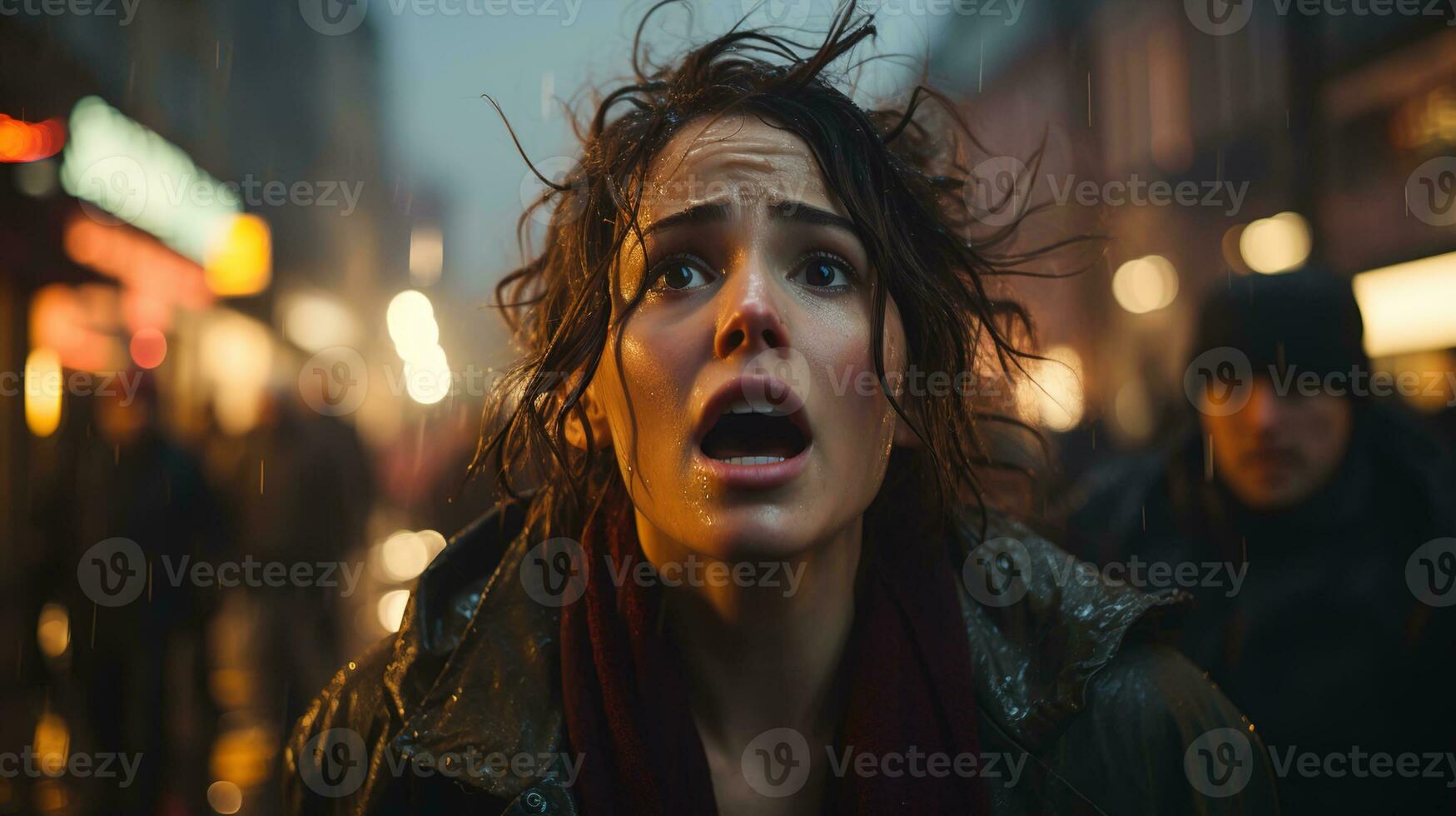 Stress and Anxiety in Urban Life, Young Woman in a State of Panic on a Busy City Street - Highlighting the Importance of Mental Health Awareness, Ai generative photo