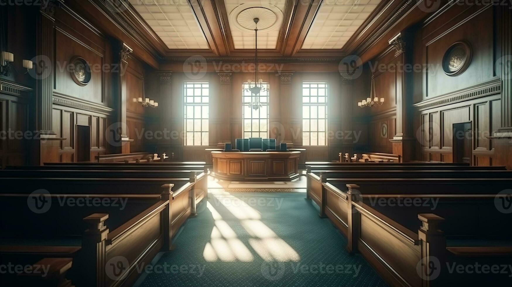 The Essence of Law and Justice, An Empty Courthouse Room Interior Illuminated by Afternoon Light, A Powerful Symbol of Legal Principles and Equality, Ai generative photo