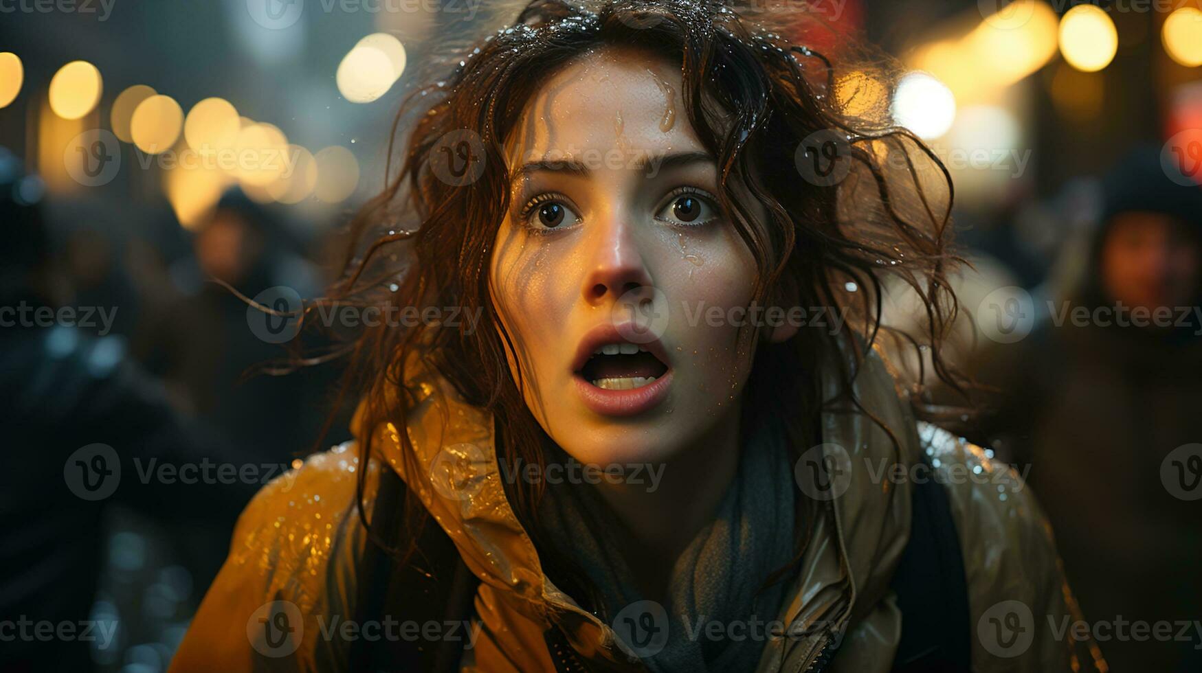 Stress and Anxiety in Urban Life, Young Woman in a State of Panic on a Busy City Street - Highlighting the Importance of Mental Health Awareness, Ai generative photo