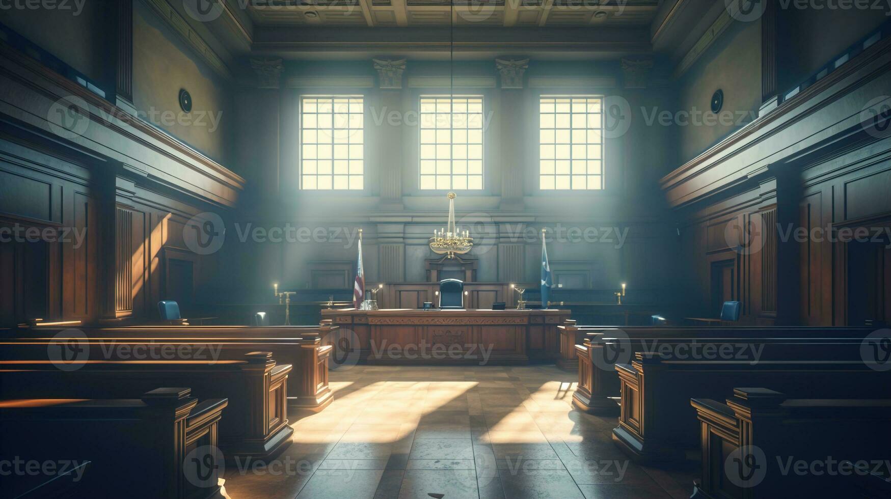 The Essence of Law and Justice, An Empty Courthouse Room Interior Illuminated by Afternoon Light, A Powerful Symbol of Legal Principles and Equality, Ai generative photo