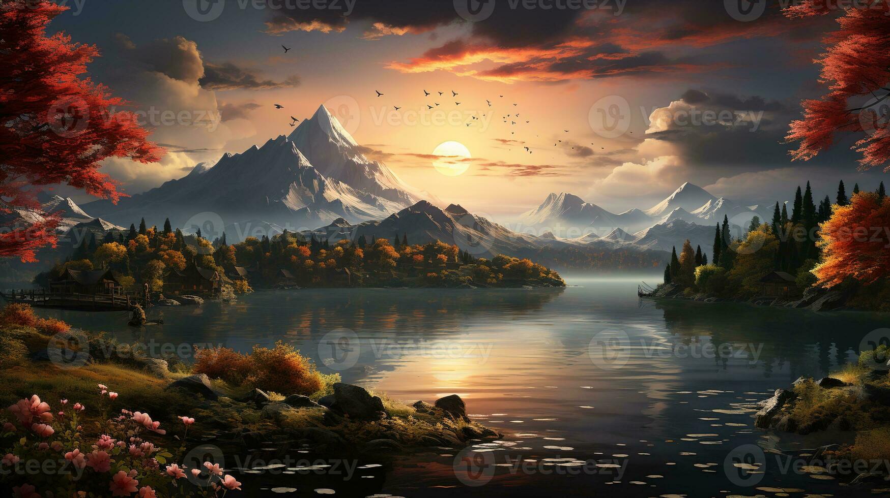 Golden Hour Glow, Peaceful Landscapes with a Flower Field, Little Houses, a Majestic Mountain, and a Serene Lake, Perfect for a Rustic Weekend Break, Nature Background, Ai generative photo