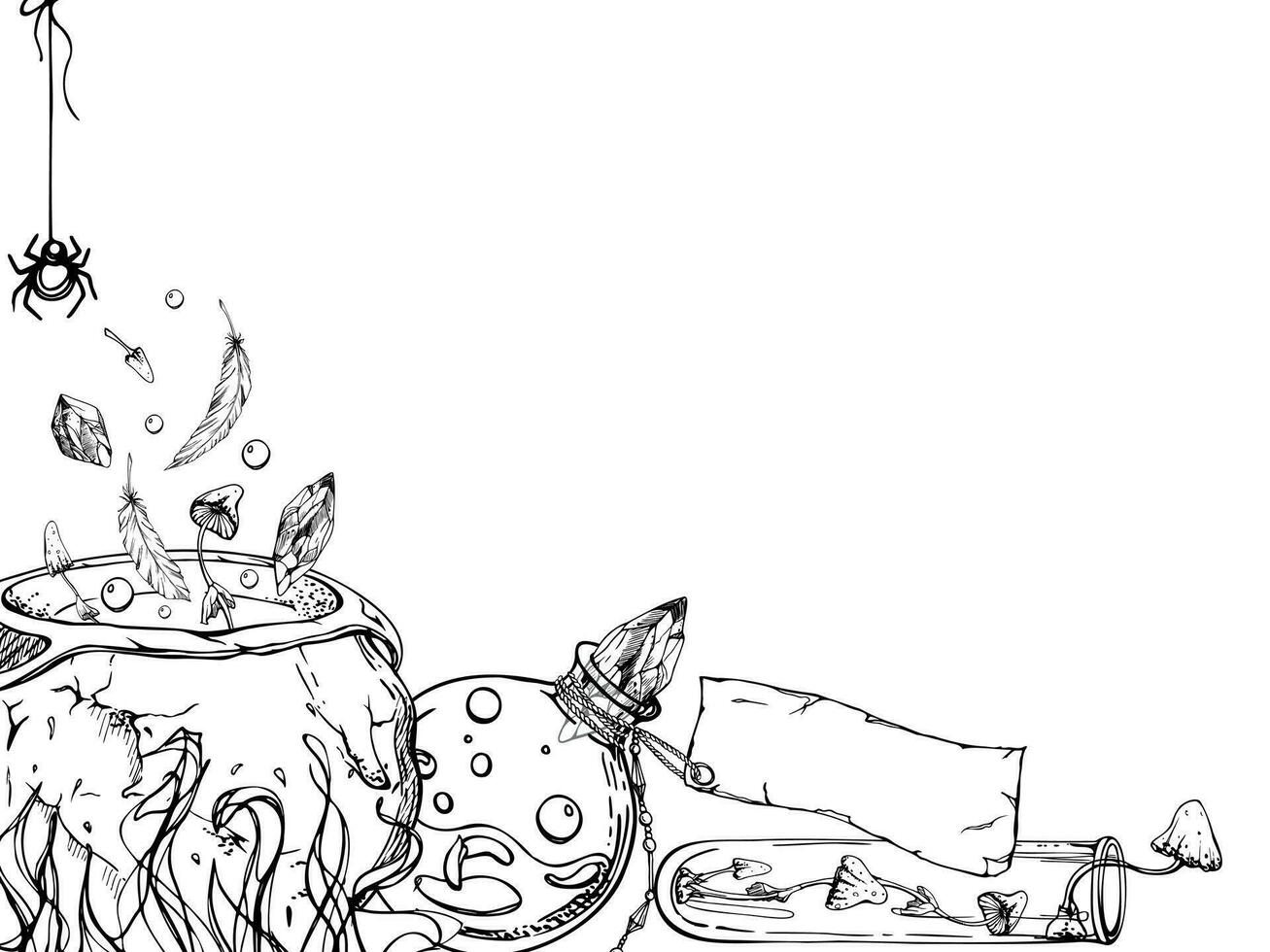 Hand drawn ink vector witch cauldron brew potions vial isolated horizontal frame. Sketch illustration art witchcraft, medicine, chemistry, alchemy. Design shops, logo, print, website, card, booklet