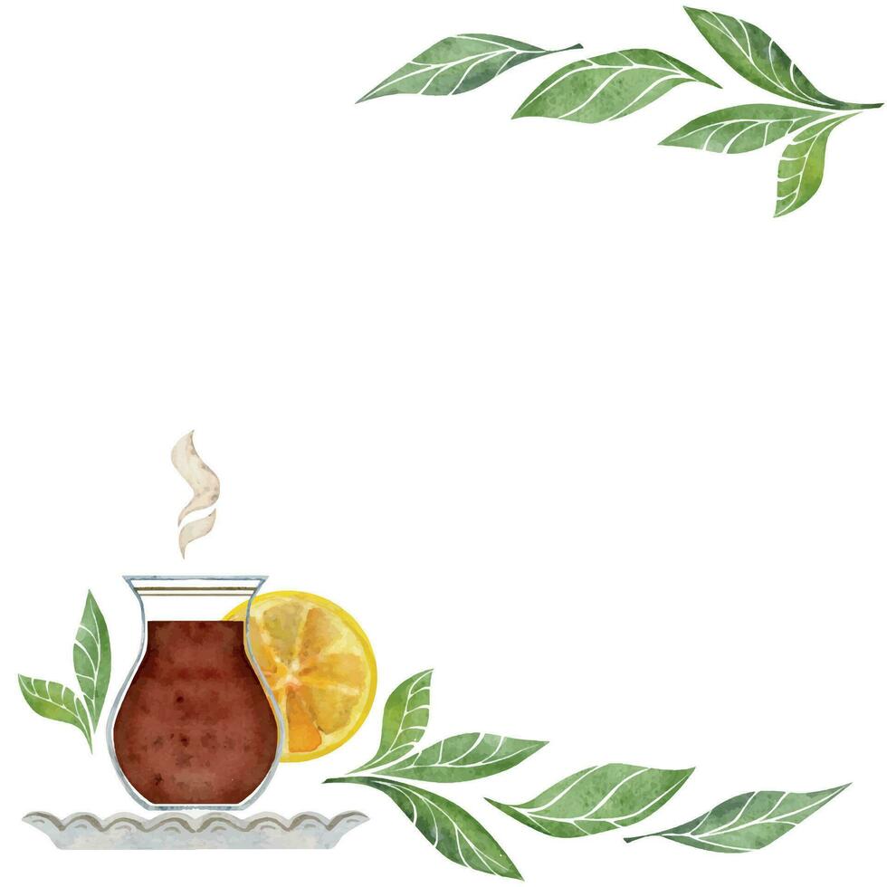 acuarela mano dibujado ilustración. té vaso taza, verde hojas guirnalda, limón rebanada. cuadrado marco. aislado en blanco antecedentes. para invitaciones, cafetería, restaurante comida menú, imprimir, sitio web, tarjetas vector