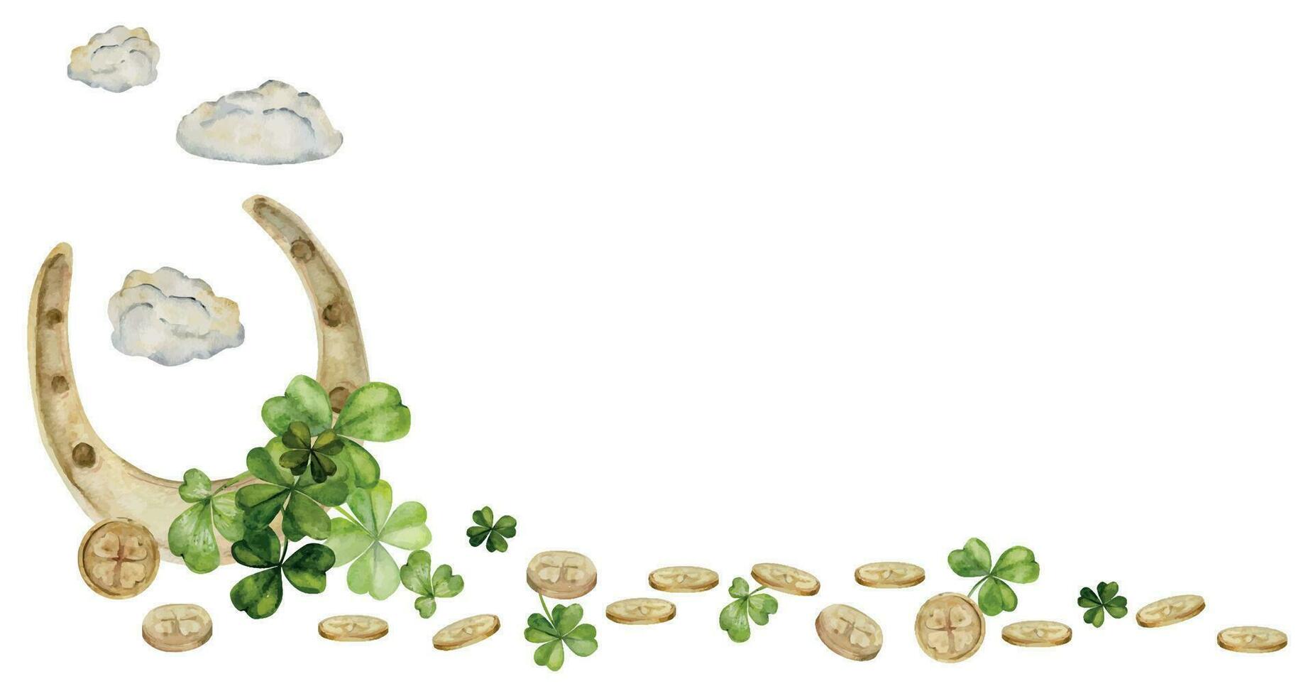 Watercolor hand drawn illustration, Saint Patrick holiday. Green lucky clover shamrock leaves, gold horseshoe. Ireland tradition. Isolated on white background. For invitations, print, website, cards. vector