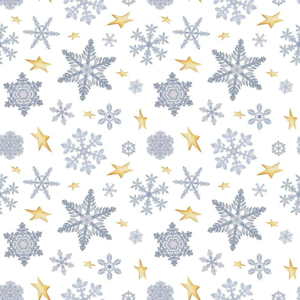 Hand drawn watercolor snowflakes and gold stars, water ice crystals frozen in winter. Illustration isolated seamless pattern, white background. Design holiday poster, print, website, card, invitation vector