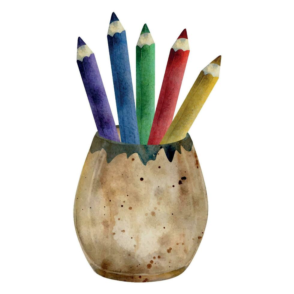 Watercolor hand drawn illustration, kids children painting materials supplies, color pencils in ceramic clay vase. Composition isolated on white. For school, kindergarten, party, cards, website vector