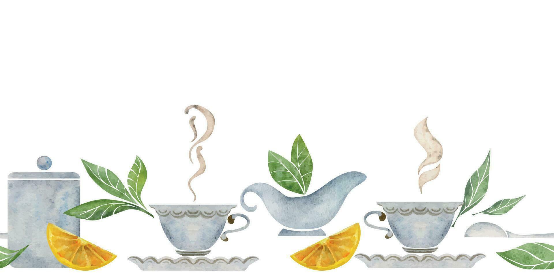 acuarela mano dibujado ilustración. té maceta tazas platillo limón canela verde hoja. sin costura bandera. aislado en blanco antecedentes. para invitaciones, cafetería, restaurante comida menú, imprimir, sitio web, tarjetas vector