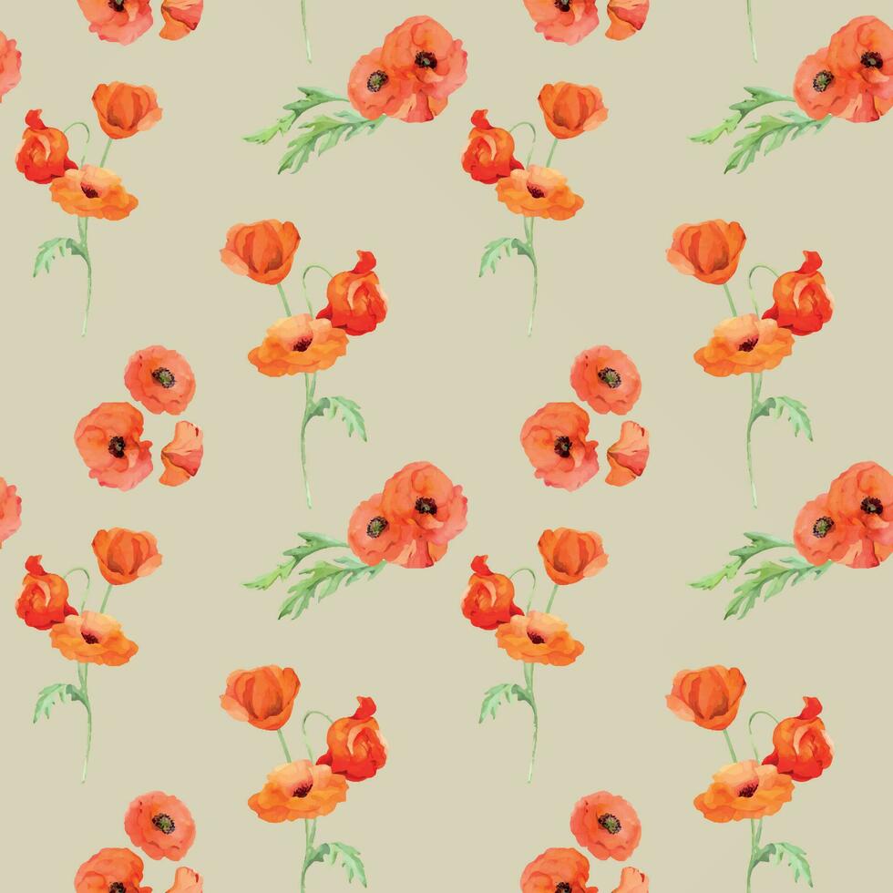 Watercolor seamless pattern with hand drawn summer bright red poppy flowers. Isolated on color background. Design for invitations, wedding, love or greeting cards, paper, print, textile vector