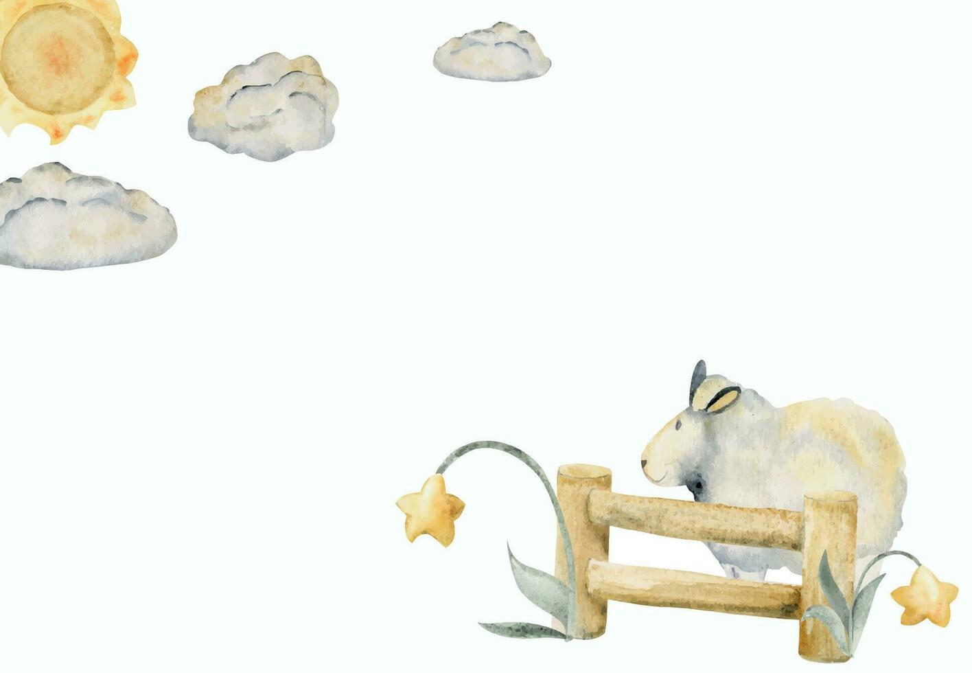 Watercolor hand drawn illustration, cute little plush baby sheep jumping fence, star flowers, sun and clouds Composition isolated on white background. For kids children bedroom, fabric, linens print vector