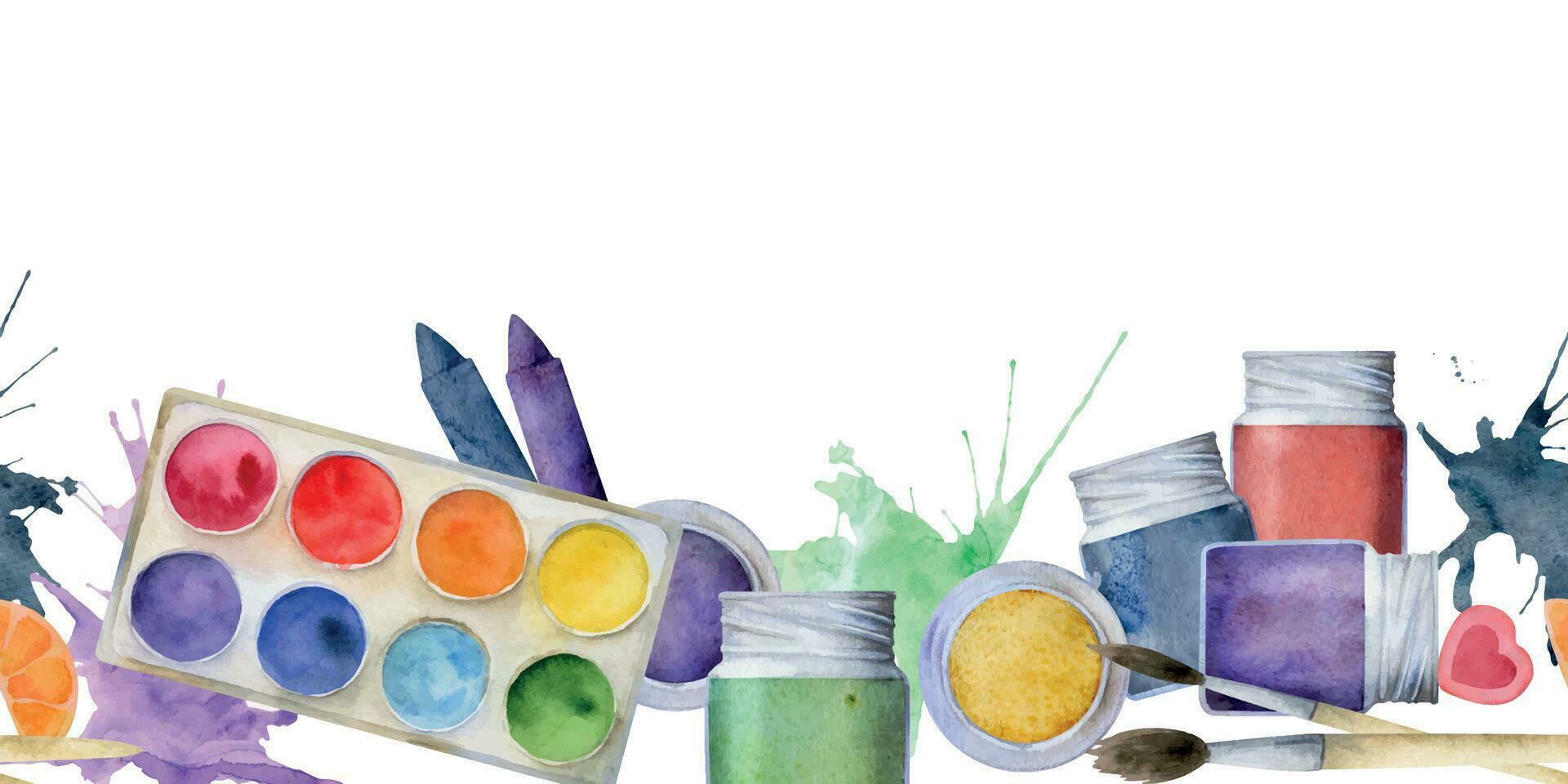 Watercolor hand drawn illustration, kids children painting materials supplies art stationery, crayons palette brushes splash. Seamless border isolated on white. For school, kindergarten, party, cards. vector