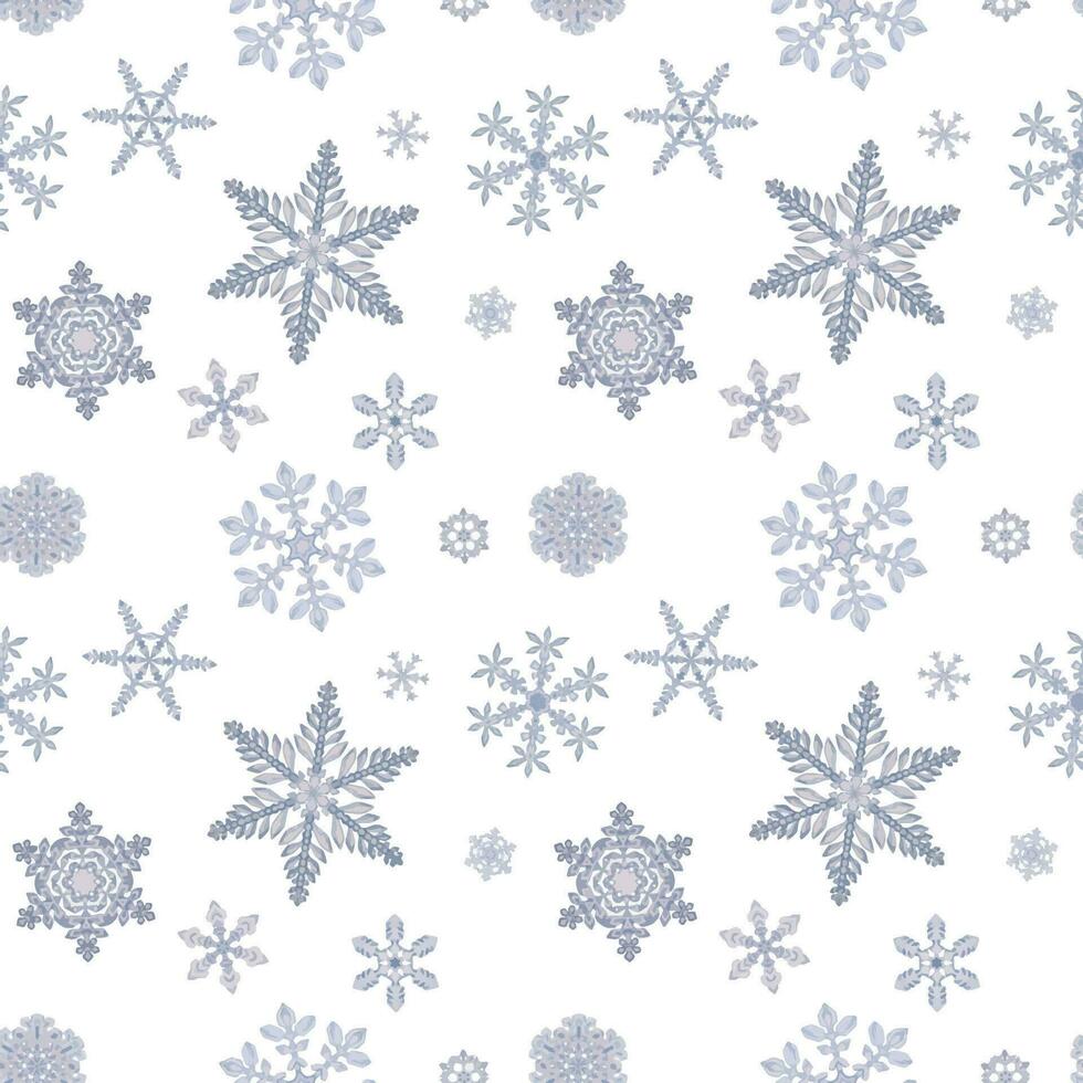 Hand drawn watercolor snowflakes, blue silver water ice crystals frozen in winter. Illustration isolated seamless pattern, white background. Design for holiday poster, print, website, card, invitation vector