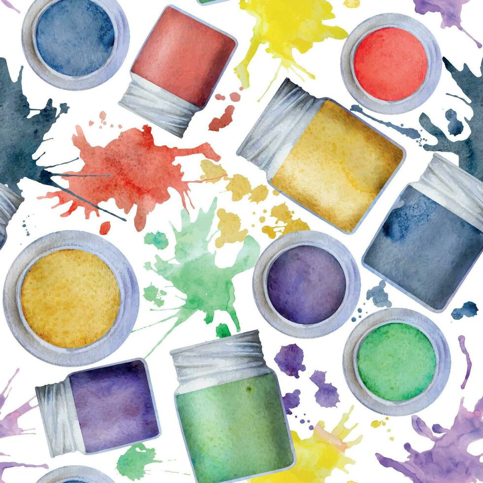 Watercolor hand drawn illustration, kids children painting materials supplies, gouache acrylic ink bottles, splashes. Seamless background isolated on white. School, kindergarten, party, cards, website vector