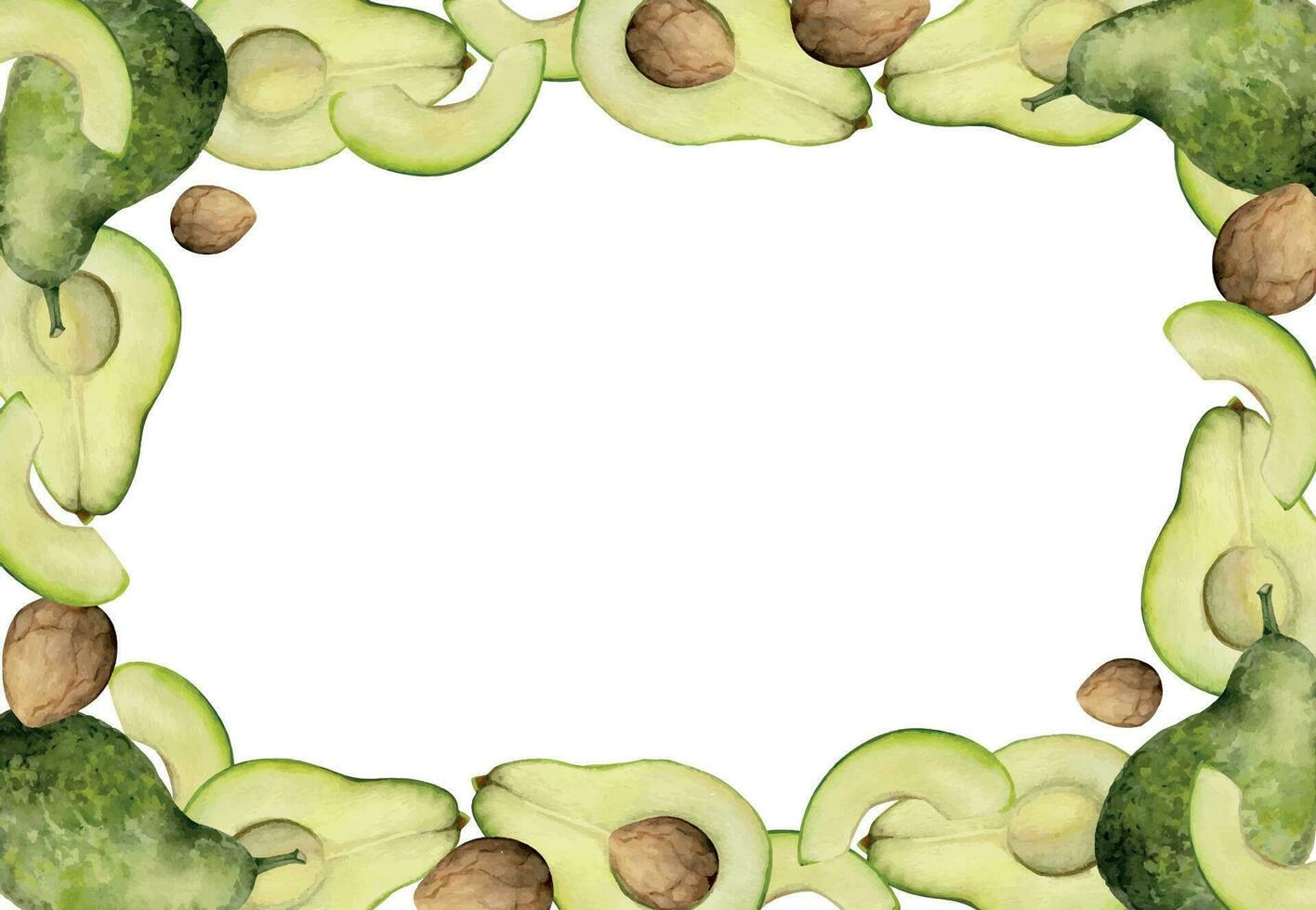 mano dibujado acuarela verde aguacate vegetal para dieta, sano estilo de vida, vegano cocinando. ilustración rectangular frontera marco aislado en blanco antecedentes. diseño póster, imprimir, sitio web, tarjeta, menú vector