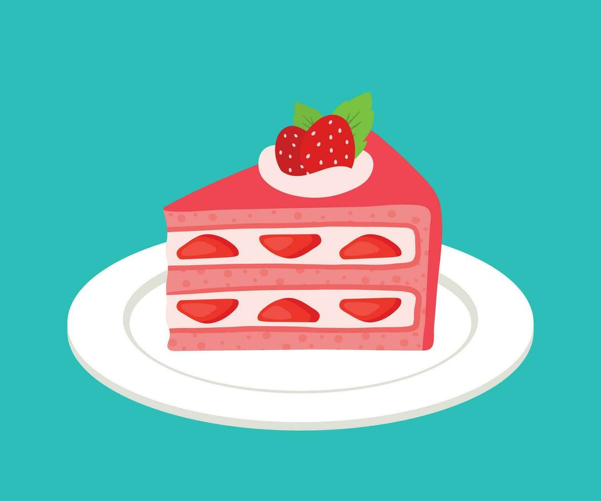 Strawberry Cake in White Plate Cute Cartoon Bakery Pastry Vector Illustration