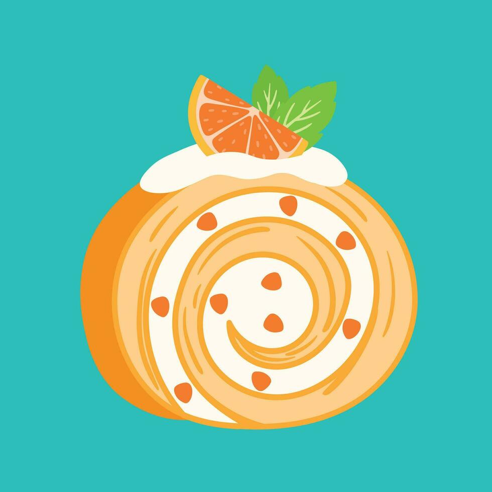 Cute Roll Cake Orange Tangerine Sweet Dessert Snack Icon Flat Cartoon Vector Illustration