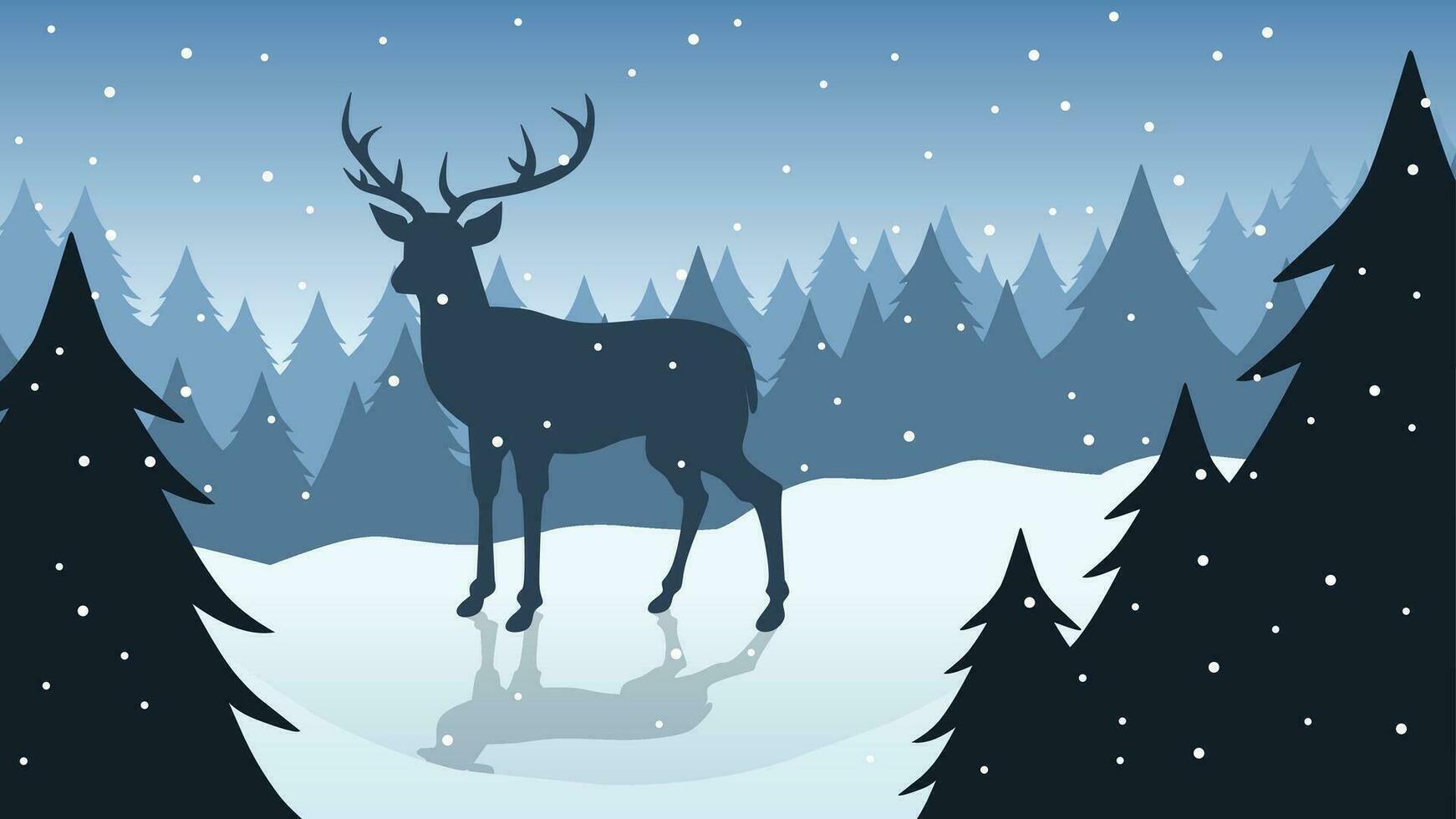 Wildlife in winter landscape vector illustration. Silhouette of reindeer at pine forest in cold season. Winter wildlife landscape for background, wallpaper or landing page